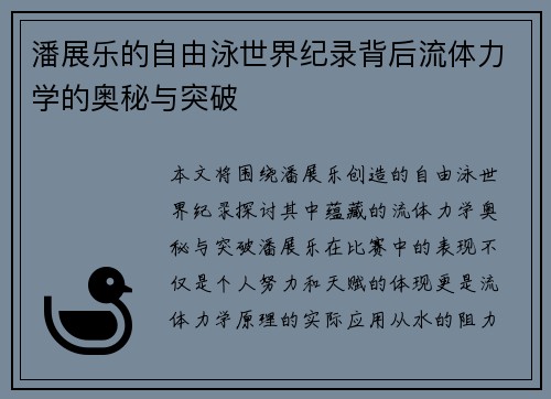 潘展乐的自由泳世界纪录背后流体力学的奥秘与突破